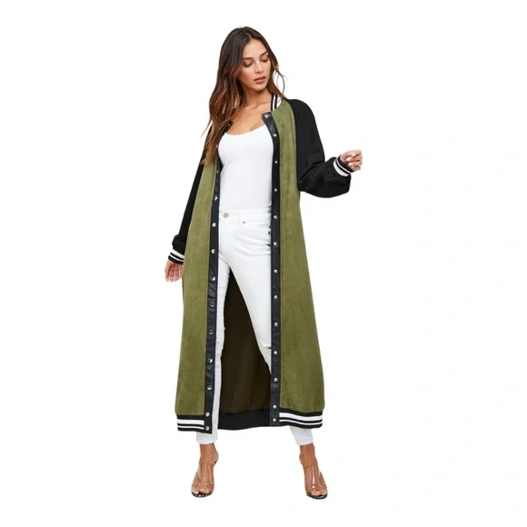 SoNo Chic Varsity Faux Suede Green Maxi Front Snap Jacket - Picture 9 of 14